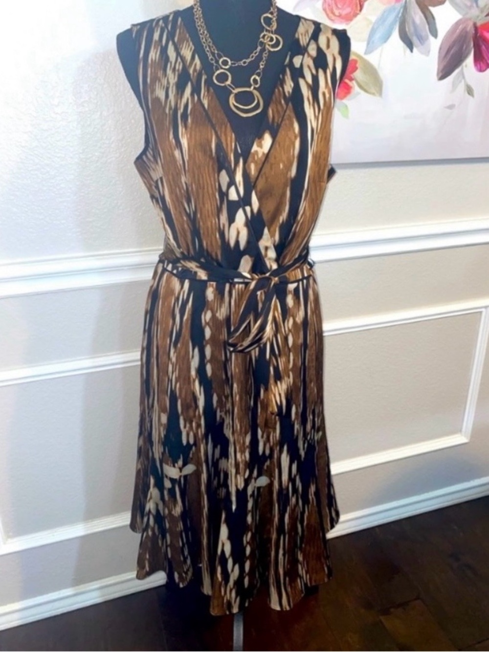 Adrianna Papell Brown/Black Abstract Ikat Print Fit & Flare Dress Size 14 EUC - Picture 2 of 8